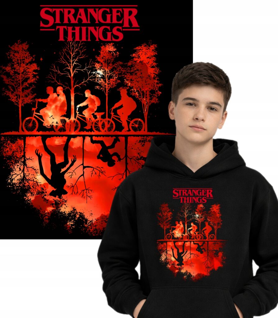 Bluza z kapturem fanart stranger filmowo-serialowy z autorską grafiką czarny - wzór ASD-1208