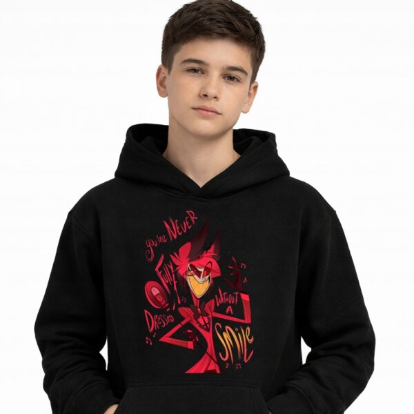 Bluza z kapturem Alastor hotel hasbin fanart filmowo-serialowy z autorską grafiką czarny - wzór ASD-22410