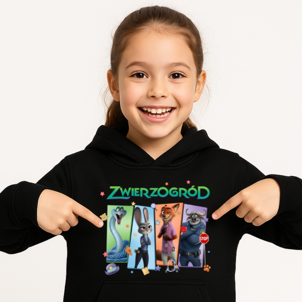 Bluza z kapturem zwierzogród fanart filmowo-serialowy z autorską grafiką czarny - wzór ASD-22160