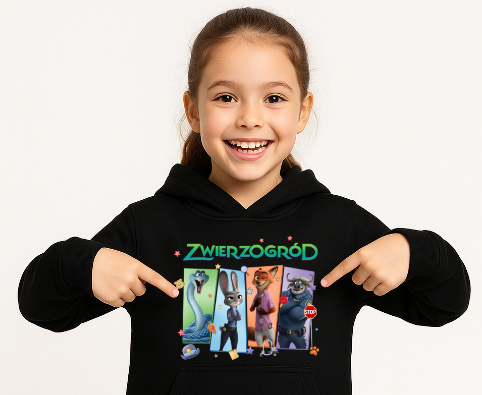 Bluza z kapturem zwierzogród fanart filmowo-serialowy z autorską grafiką czarny - wzór ASD-22160