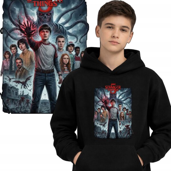 Bluza z kapturem fanart Stranger filmowo-serialowy z autorską grafiką czarny - wzór ASD-22685