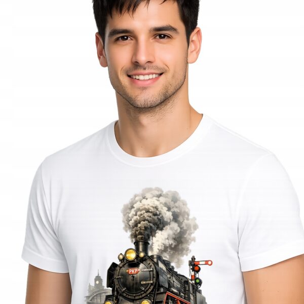 Koszulka kolejowa z autorską grafiką Lokomotywa Parowóz t-shirt biały premium - wzór ASD-24349