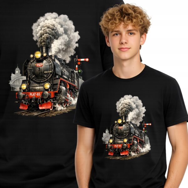LOKOMOTYWA RETRO PAROWÓZ POCIĄG PKP KOSZULKA T-SHIRT CZARNY PREMIUM